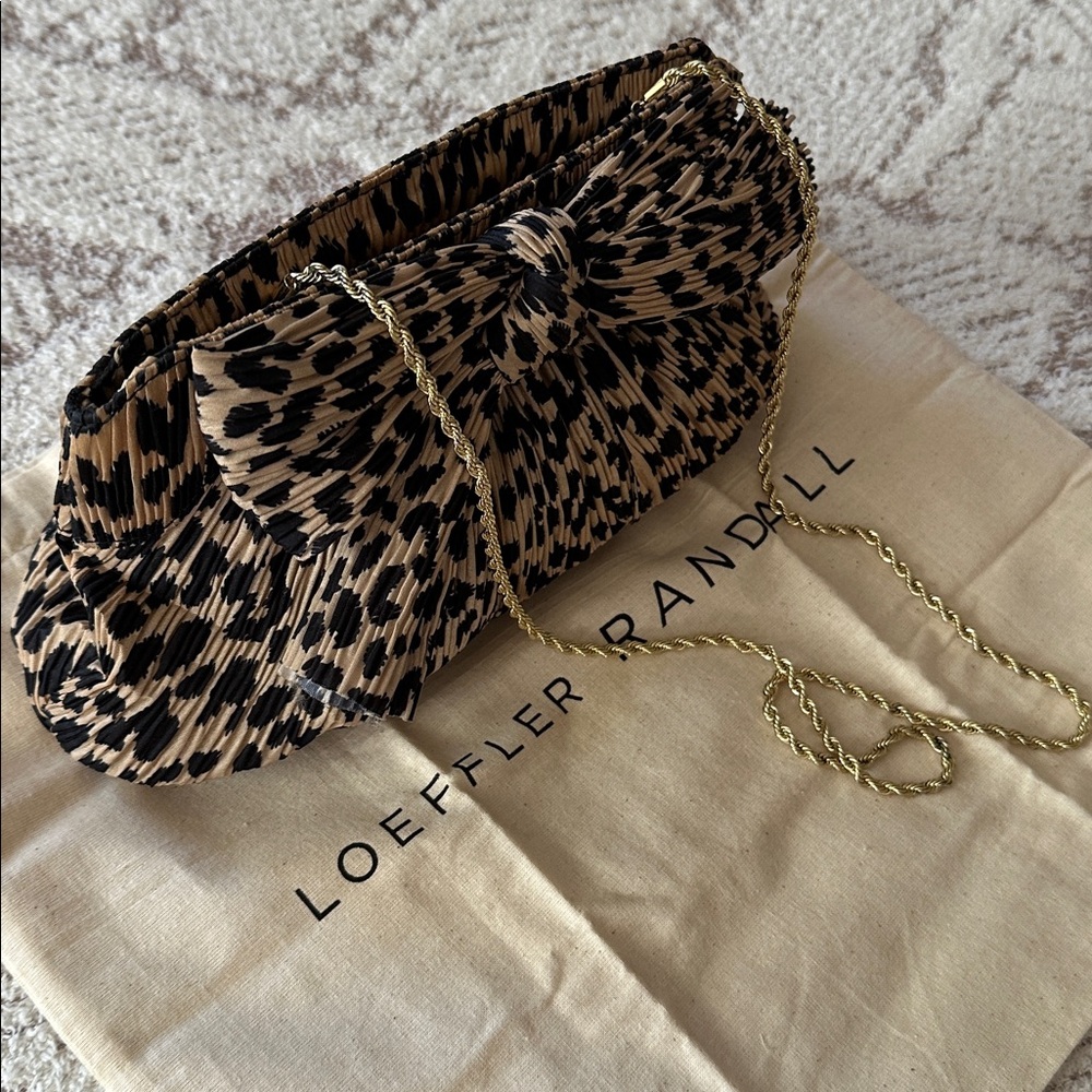 Loeffler Randall Pleated Leopard Bow Clutch w/ Gold Chain Strap Evening Bag - Picture 13 of 17